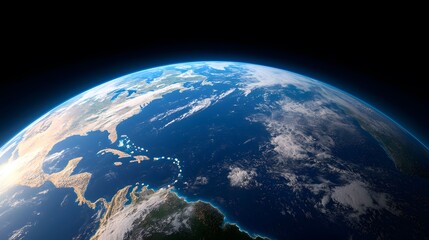 A stunning aerial view of Earth is captured, showcasing its blue oceans, landmasses, and a subtle atmospheric glow against the stark backdrop of space.