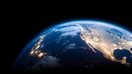 A captivating image shows Earth from space, with city lights illuminating the night and a starry backdrop enhancing its beauty and grandeur.