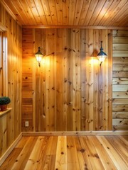 A varnished wooden wall in a small cottage with a warm and cozy atmosphere