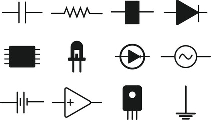 Electronic Circuit Symbols Icon Set – Twelve Minimalist Black Silhouettes Featuring Battery, Diodes, IC, Capacitor, Transistor, and More in Grid Layout on White Background