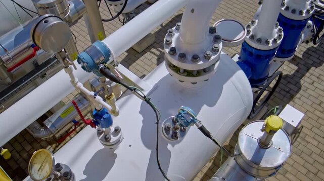 Close-up of industrial gas pipeline with sensors, gauges, and control valves in a paved facility
