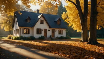 Cozy white cottage house surrounded by autumn trees and golden leaves