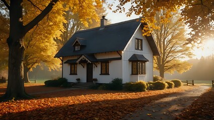 Cozy white cottage house surrounded by autumn trees and golden leaves