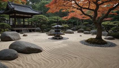 Obraz premium Serene Japanese Zen Garden with Raked Sand and Autumn Foliage