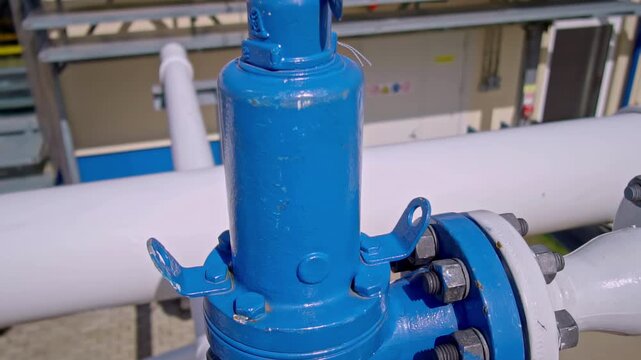Detailed view of a blue industrial gas pressure relief valve mounted on a white pipeline at a facility