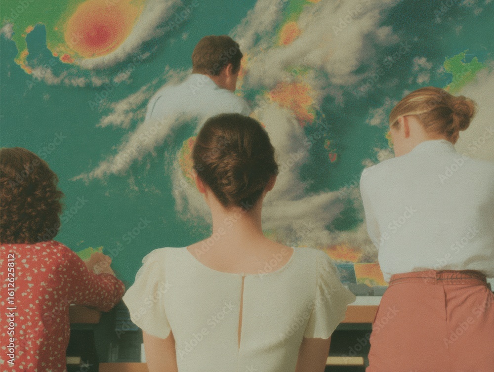 Poster professional meteorologists analyzing hurricane radar data for advanced weather forecasting modern c