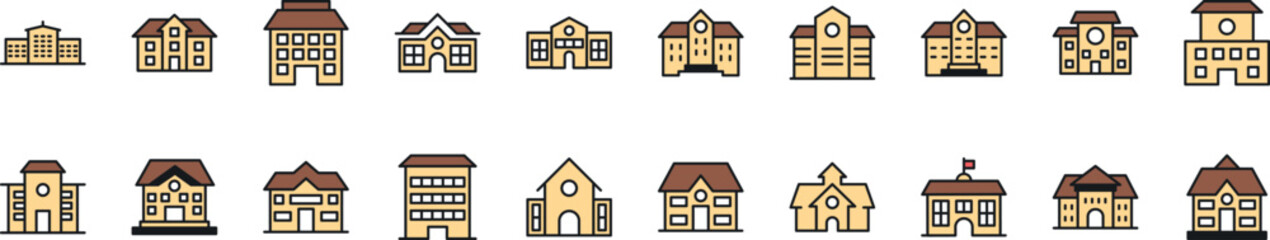 Yellow Buildings Filled Color Outline Web Icons Collection. Minimalistic Linear Pictogram for Web and Graphic Design, Apps, Banners, Social Network and Cards