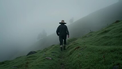 Misty mountain path.  A person wearing a straw hat and dark clothing walks a path through a misty mountain landscape.  Green grass covers the hillside