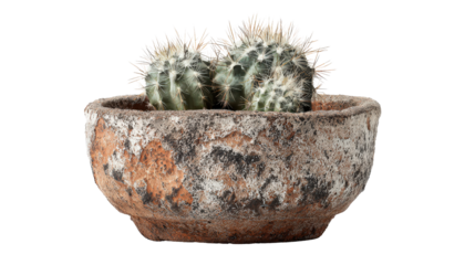 Cactus in a rustic clay pot with rough surface texture, isolated on a Transparent background, PNG file.