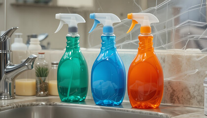Trio of Colorful Cleaning Product Bottles on a Shiny Sink Counter