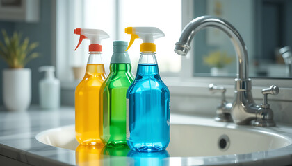 Trio of Colorful Cleaning Product Bottles on a Shiny Sink Counter