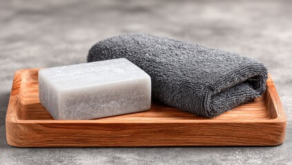 Light gray bar soap and dark gray towel on wooden tray