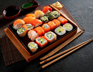 High-angle view of a beautifully arranged selection of sushi rolls and nigiri on a wooden tray with chopsticks, wasabi, soy sauce, and pickled ginger on the side. 
