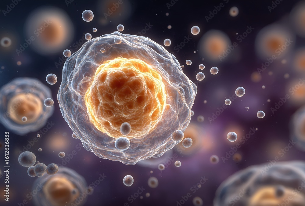Poster orange-centered cell with surrounding white spheres illustrating internal cellular structure against