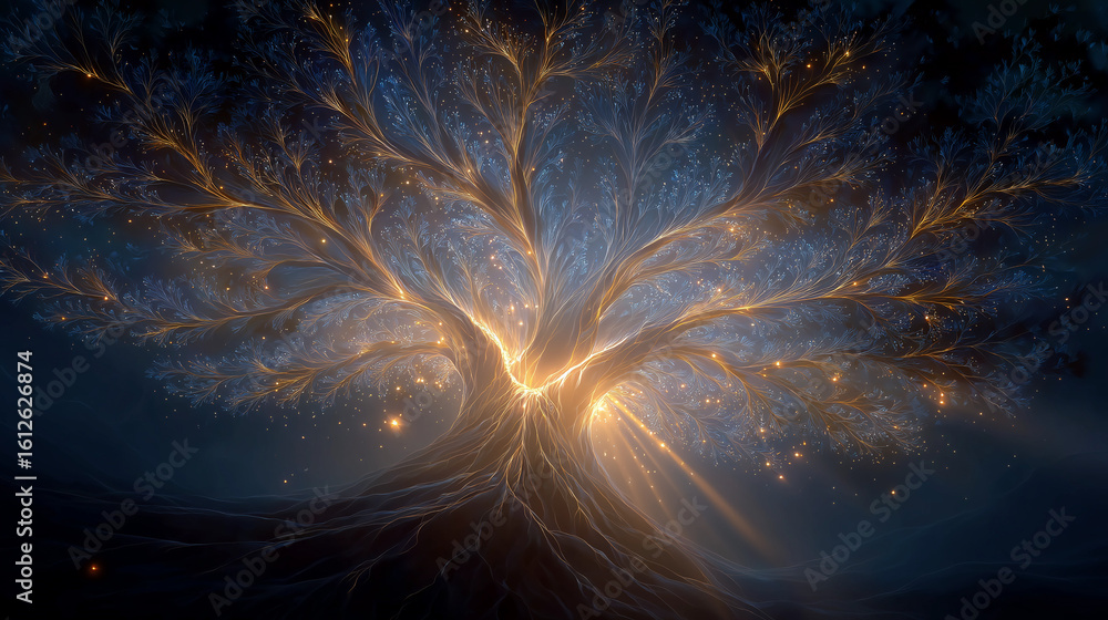 Poster mystical glowing tree: an artistic rendering of a tree bathed in ethereal light, its branches reachi