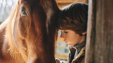 Young boy with curly hair gently touching a horse's head, showing a moment of connection.