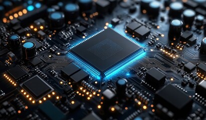 Fototapeta premium 3D rendering of a futuristic computer chip with glowing components and intricate circuit board details illuminated by neon lights against a dark background showcasing advanced technology