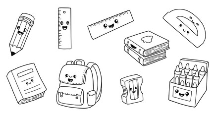Black and white school supplies coloring page. Line art illustration of pencil, ruler, eraser, books, notebook, backpack, scissors, protractor, and globe. Educational coloring worksheet for kids.

