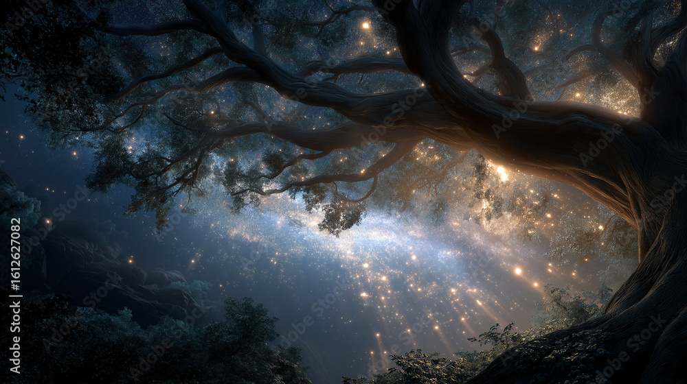 Poster enchanted tree canopy: a majestic tree, its sprawling branches illuminated by a celestial display of