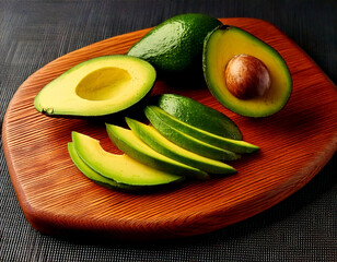 Fresh ripe avocado halves and slices arranged on a wooden cutting board, showcasing vibrant green color and creamy texture. Healthy organic fruit ideal for salads, toast, and clean eating concepts.