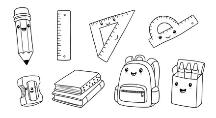 Black and white school supplies coloring page. Line art illustration of pencil, ruler, eraser, books, notebook, backpack, scissors, protractor, and globe. Educational coloring worksheet for kids.

