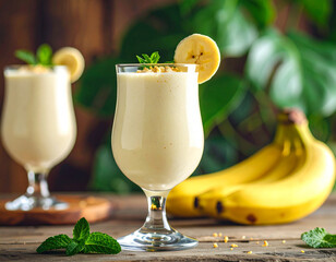 Refreshing banana milkshake served in a tall glass with a banana slice and mint garnish, set against a rustic wooden table and fresh bananas in the background. Healthy, creamy beverage 