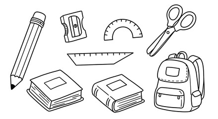 Black and white school supplies coloring page. Line art illustration of pencil, ruler, eraser, books, notebook, backpack, scissors, protractor, and globe. Educational coloring worksheet for kids.

