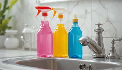Trio of Colorful Cleaning Product Bottles on a Shiny Sink Counter