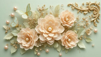 Obraz premium Floral Arrangement with Butterflies and Pearls on Light Green Background