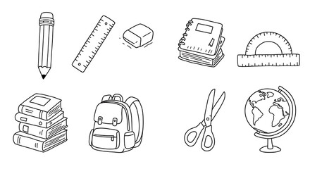 Black and white school supplies coloring page. Line art illustration of pencil, ruler, eraser, books, notebook, backpack, scissors, protractor, and globe. Educational coloring worksheet for kids.

