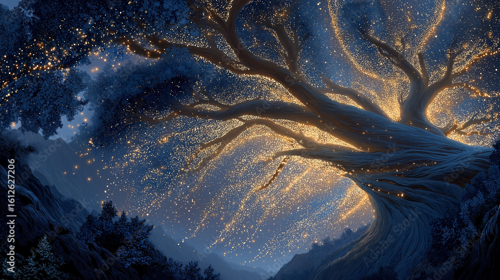 Poster enchanted tree of light: a majestic tree illuminated with countless shimmering lights, creating a dr