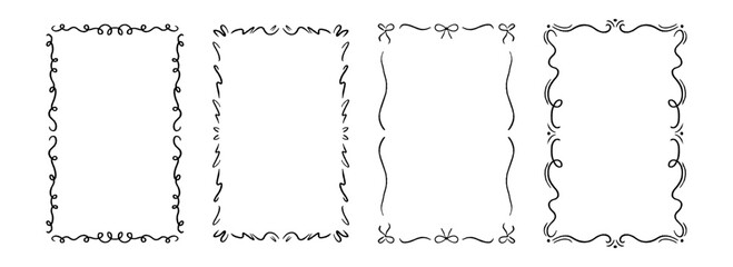Hand drawn wavy frame set. Romantic curly ribbon border collection. Vector cute doodled cadre frames. Curved squiggly rectangle border pack for invitation, wedding party, birthday, greeting design