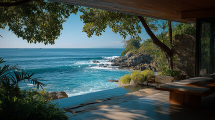 Fototapeta na wymiar Infinity Pool View: A breathtaking view unfolds from an infinity pool, merging seamlessly with the vast expanse of the blue sea, while lush greenery frames the captivating coastal landscape.