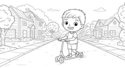 Cute boy riding a scooter on the sidewalk in front of suburban houses. Black and white line art coloring page for kids. Happy child outdoor activity illustration with trees, clouds, and neighborhood 