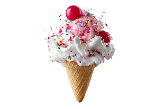 Whimsical 'Happy Happy Joy Joy' rainbow ice‑cream scoop graphic isolated on transparent PNG background, joyful dessert art perfect for playful cutout stickers, posters and digital designs