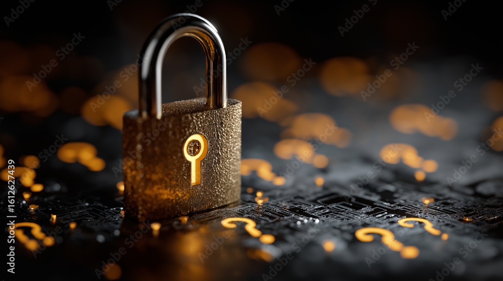 Poster secure future: a captivating close-up of a weathered padlock, its intricate keyhole radiating a warm