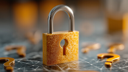 Secure Information: A macro shot of a golden padlock, emphasizing security with keyhole and surrounded by question marks, representing protection in the digital realm.