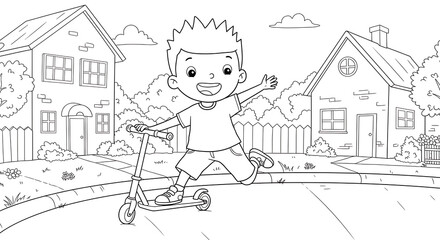 Cute boy riding a scooter on the sidewalk in front of suburban houses. Black and white line art coloring page for kids. Happy child outdoor activity illustration with trees, clouds, and neighborhood 