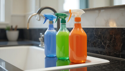 Trio of Colorful Cleaning Product Bottles on a Shiny Sink Counter