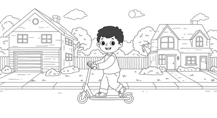 Cute boy riding a scooter on the sidewalk in front of suburban houses. Black and white line art coloring page for kids. Happy child outdoor activity illustration with trees, clouds, and neighborhood 