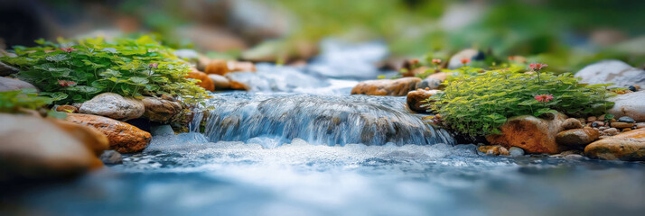 mountain stream with clear water flows through rocks in the forest. Landscape panorama with nature