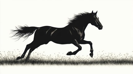 A horse is running in a grassy field with power and speed. The motion and energy of the animal in full stride
