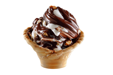 Decadent chunky chocolate bean ice‑cream scoop with glossy swirls and crunchy cocoa bits, isolated on clear transparent background for seamless PNG cutout food illustrations, dessert menus