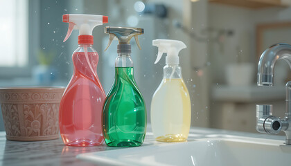 Trio of Colorful Cleaning Product Bottles on a Shiny Sink Counter
