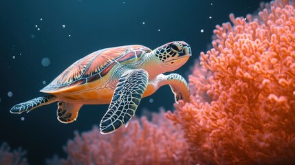 Sea turtle gracefully swims underwater near vibrant coral