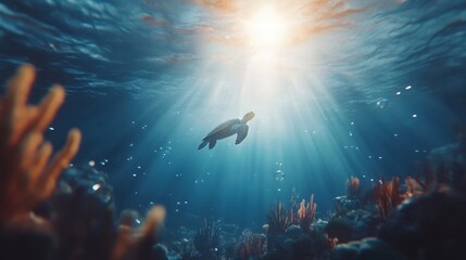 Sea turtle swims toward the sunlit surface of the ocean, with rays of light piercing through the deep blue water