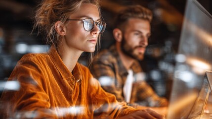 Two individuals working intently on computers in a cozy, dimly lit environment, showcasing focus and collaboration.