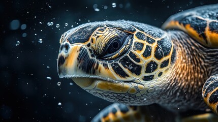 Fototapeta premium Sea turtle head close-up while swimming underwater. Water bubbles surround the turtle as it moves forward