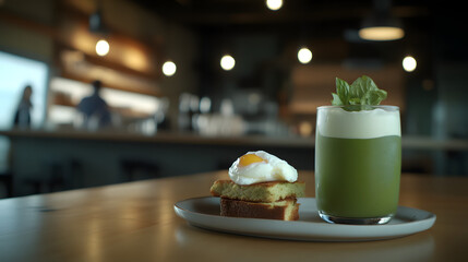 Poached Egg on Toast with Matcha Latte a Culinary Still Life