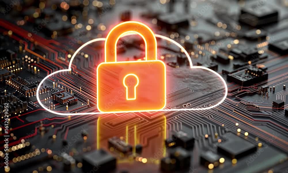 Poster a digital illustration of cloud security with an orange padlock and red glowing data stream on a dar